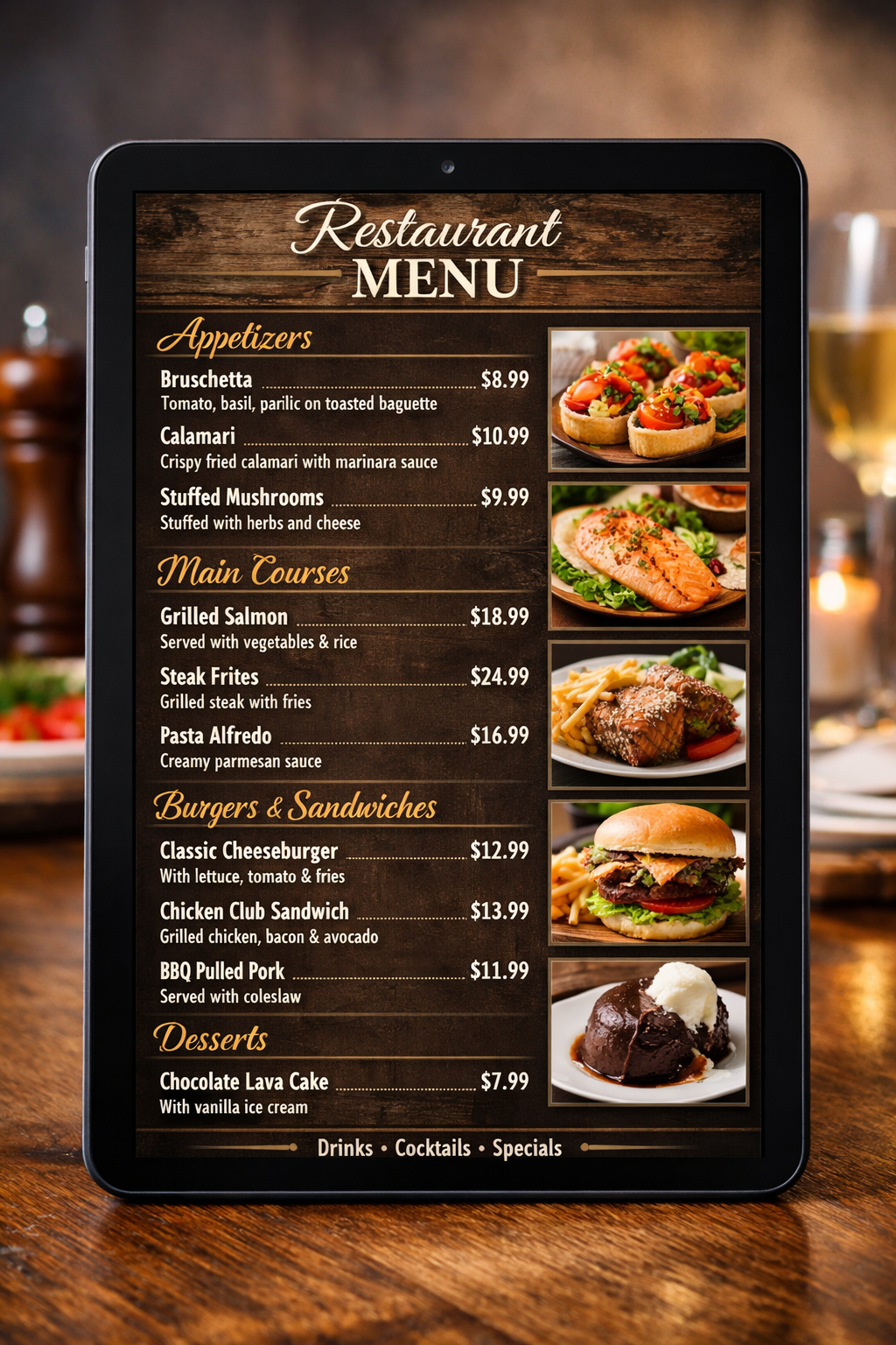 Sample digital restaurant menu displayed on a tablet